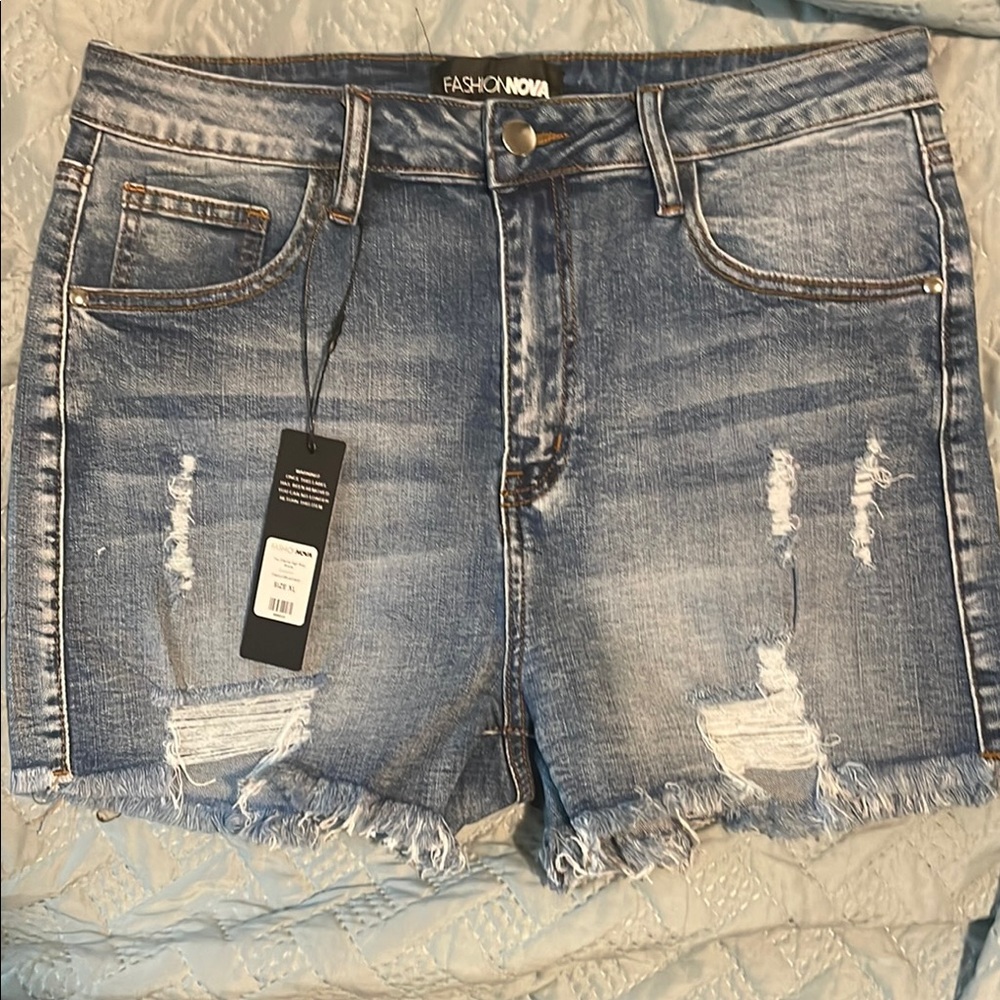 Fashion Nova Blue Distressed Jean Shorts High-Waisted